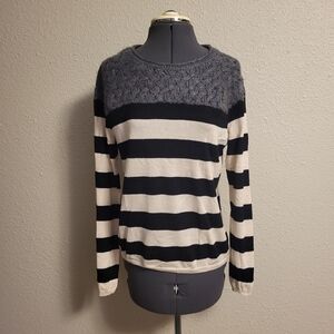 Joe Fresh Gray, Black & Off White Striped Knit Sweater Size Medium